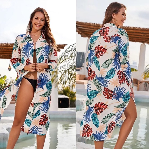 In The Tropics Ivory Tropical Print Shirt Dress - Picture 6 of 8